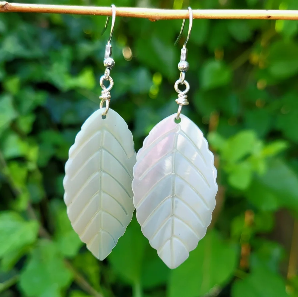 Handmade Mother Of Pearl Shell Leaf Earrings - Picture 3 of 5